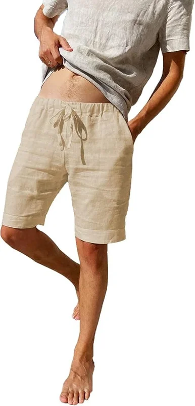 Herr Sommar Lediga Casual Linneshorts med Fickor Elastisk Midja