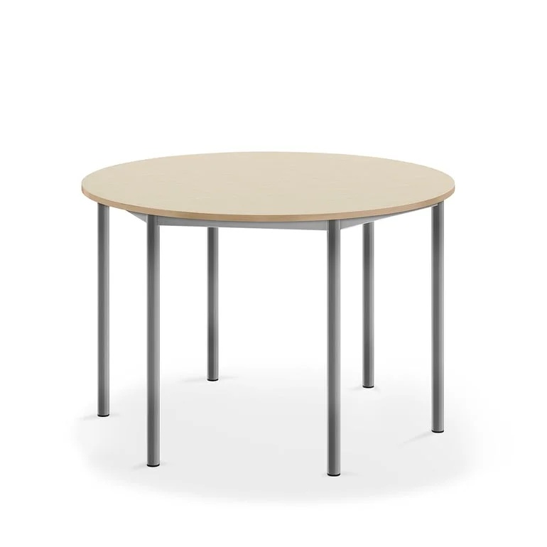 SONITUS Bord, Ø120 cm, Bjørk Laminat, Sølv Stativ - Lyddempende Skolebord - AJ Produkter