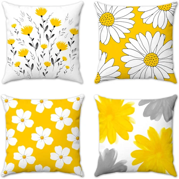 Utendørs putetrekk Gul Sennep Blomster Tusenfryd Hageputer Sett med 4 Putetrekk Hjemmeinnredning for Sofa Stue Utendørs Grå Flo