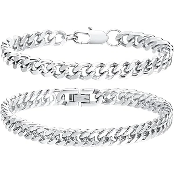 2 Pcs Curb Chain Bracelet, Titanium Steel Bracelet Cuban Link Chain Boys Silver Cuban Bracelet Men Women