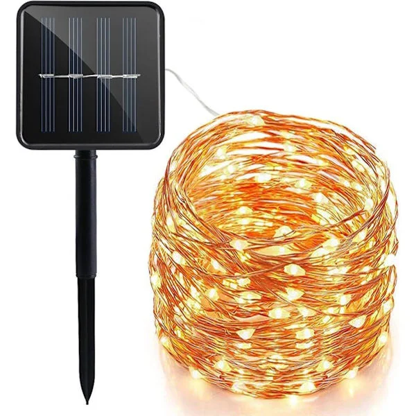 Solcelledrevne lyslenker, 20-300 LED-lys, 2-30 meter lange, kobbertråd, dekorative utendørslamper, egnet for jul og fester.