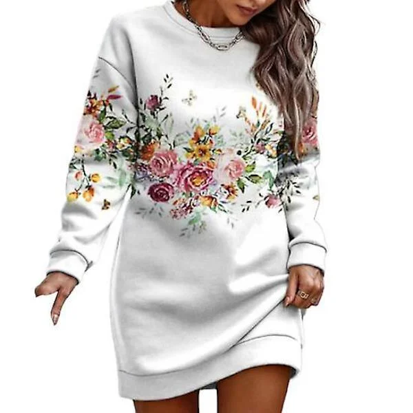 Dam Höst Vinter Sweatshirt Klänning Blommönster Rund Hals Långärmad Lös Pullover Tjock Varm Mellanlång Elastisk Manschett Dam Vår Mini Klänning