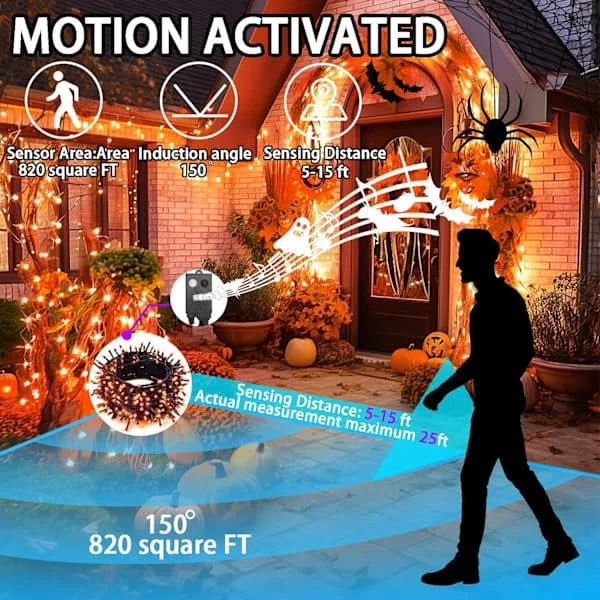 LED String Lights with Spooky Music, Motion Sensor Halloween Lights Outdoor Waterproof Orange Lights with Sound for Halloween Decor Christmas