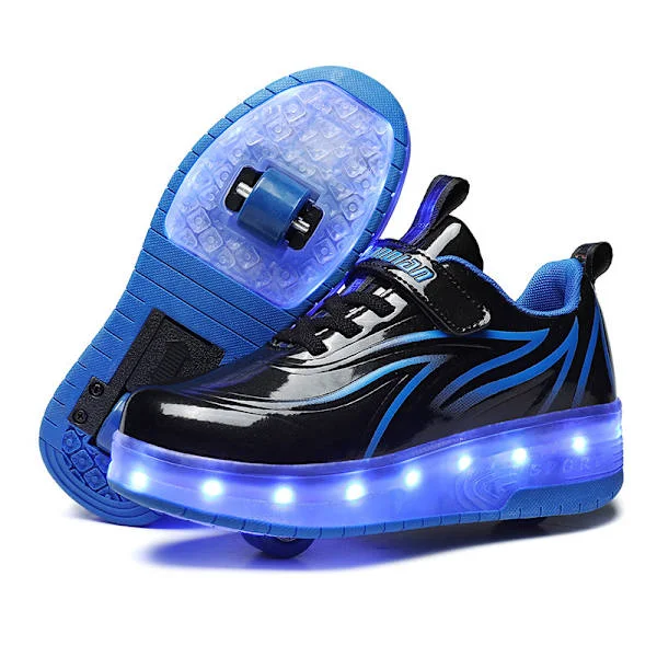 Barn LED USB-laddningsbara skor med ett hjul, svart och blå