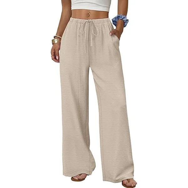 【BQ】Sampeel Women's Wide Leg Pants Flowy Wide Leg Drawstring Elastic Waist Pockets Summer Beach Vacation Clothes Apricot