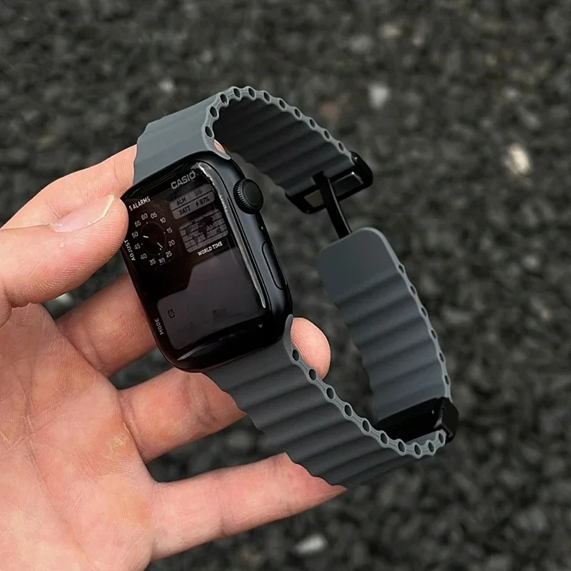 AliExpress - Bracelet de sport magnétique en silicone pour Apple Watch, bracelet océanique pour Apple Watch 10, 9, 8, 7 Ultra Band, 46mm, 45mm, 49mm, 