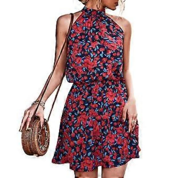 Halterneck Kjole med Bindebånd i Ryggen Kort Kjole Dame Sommer Elegant Elastisk Talje Blomsterprint Kjole til Dates