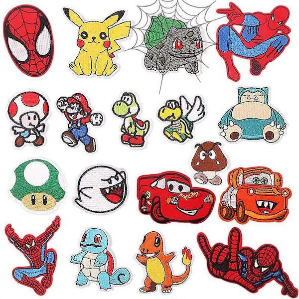 Pakke med 18 stk. strykemerker til klær, strykemerker til barn Spider Man, Super Mario symerker, barnas kneforsterkning