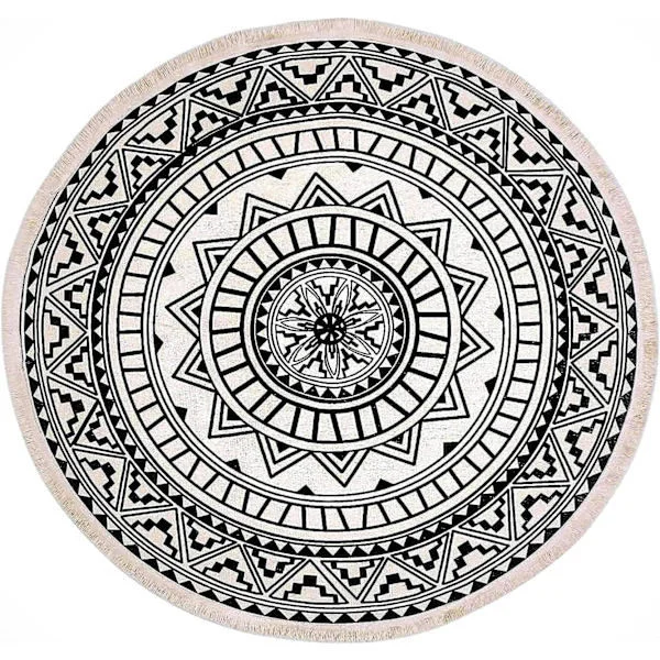 Rundt teppe, 120 cm, rundt teppe med frynser, sklisikkert, håndvevd og lett å rengjøre, bohemsk mandala-mønster, bomullsteppe