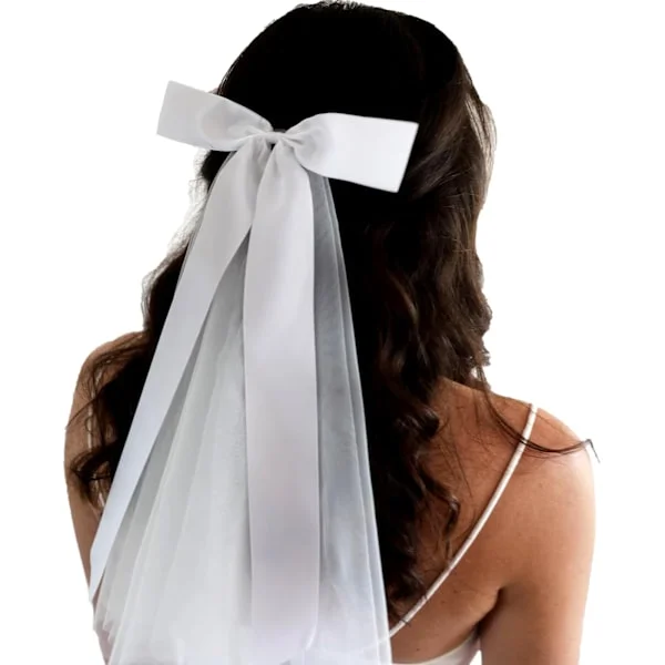 Elegant brudeslør, 40 cm tyl brudeslør med hvid sløjfe, justerbar hårklemme til brudeshowers og bryllupper, kvinder