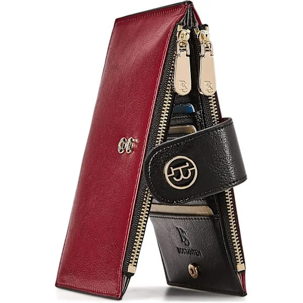 Leather Wallets for Women RFID Blocking Slim Bifold Wallet Card Holder with Zipper Pocket Red