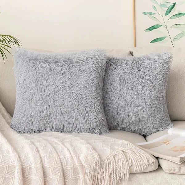 2 st lyxiga fuskpäls kuddfodral Deluxe dekorativa plysch kuddfodral kuddfodral för soffa sovrum bil 15.75x15.75 Gråvit