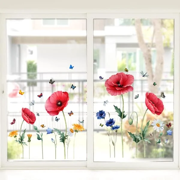 Fönsterfilm, självhäftande blommor växter fönsterdekoration, vardagsrum kök badrum kontor fönsterdekaler, fönsterdekaler dekoration