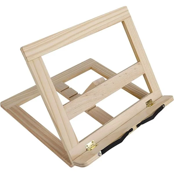 Køkken opskrift bog læsestativ, bog holder med 2 metal sideholdere, foldbar og justerbar træ bogstøtte og hylde