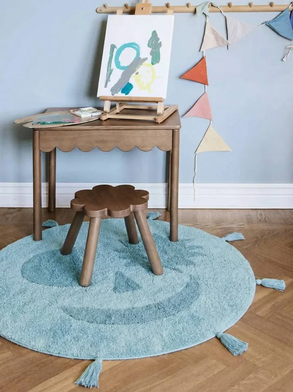 Washable Kids Rug Geometric Smiley Light Blue/Blue Round Small Oeko-Tex