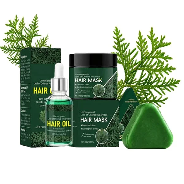 Usman Græs & Blad af Orientalsk Thuja Hårplejesæt, Shampoo Bar til Tyndt Hår, Hårmaske til Tør Hovedbund & Fedtet Hår, Hårvækst Serum Olie -