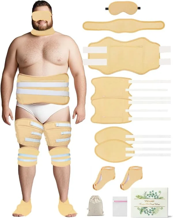 11 STK Plus Size Castor Oil Pack Kit - Genanvendelige Helkropsindpakninger til Mave, Hals, Øjne, Knæ, Fødder & Ben | 3-lags Flannelbomuld, Fuld 