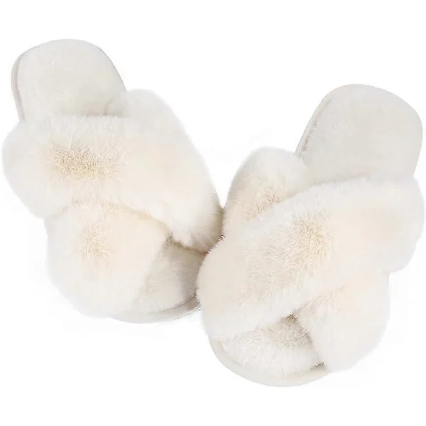 Women's Slippers Fluffy Slippers Memory Foam, Cross Band Furry Open Toe Slippers Soft Plush Home Shoes Indoor Outdoor Anti-Slip Slippers White M White