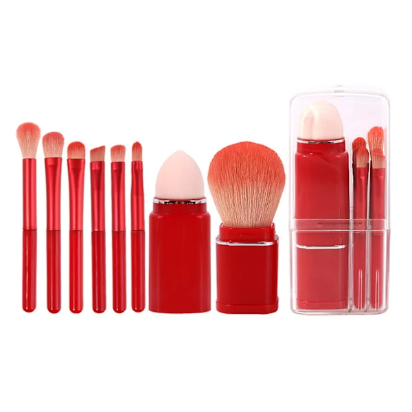 【DENGTU】8 stk Makeup Børstesæt Bløde Børster Udtrækkelig Pudderbørste Mini Bærbare Makeup Børster til Rejser Vinrød