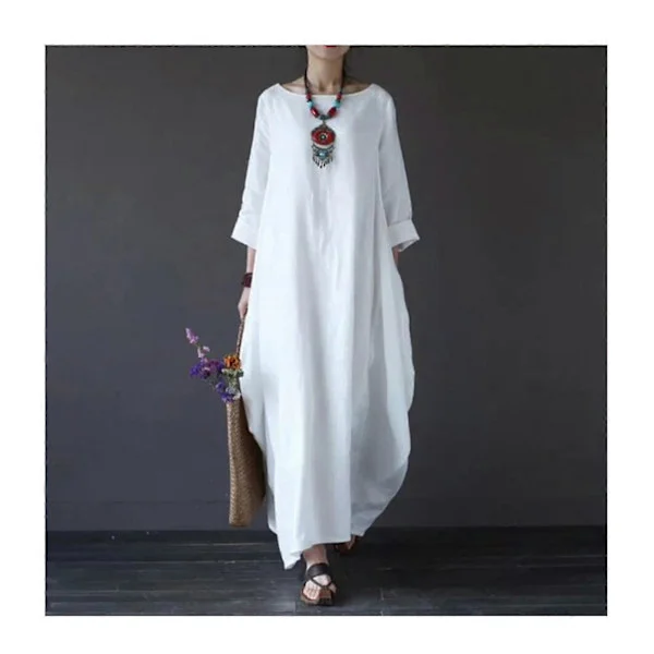 Women's Summer Dress Long Sleeve Loose Cotton Linen Long Dress for Casual White M