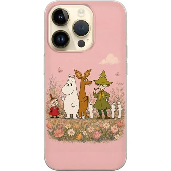 Kompatibelt Mobilskal till Apple iPhone 15 Pro Mumin och vänner bland blomsterängens färger i ett sagolikt och nostalgiskt motiv.