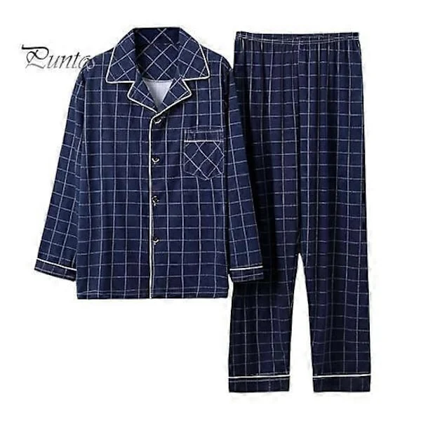 Sæt/Stk Herre Pyjamas Sæt Plaid Print Revers Langærmet Enkeltknappet Skjorte Elastisk Talje Lange Bukser Sæt Løs Pasform Loungewear Sæt LGL mørkeblå
