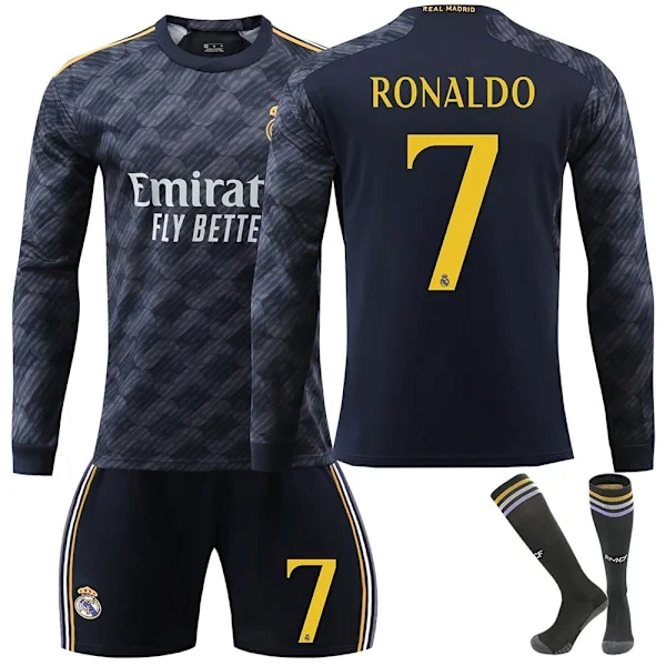 Real Madrid Bortaställ Långärmad Fotbollströja Barn Fotbollströja Set 23-24 Nr 7 Ronaldo- Perfet