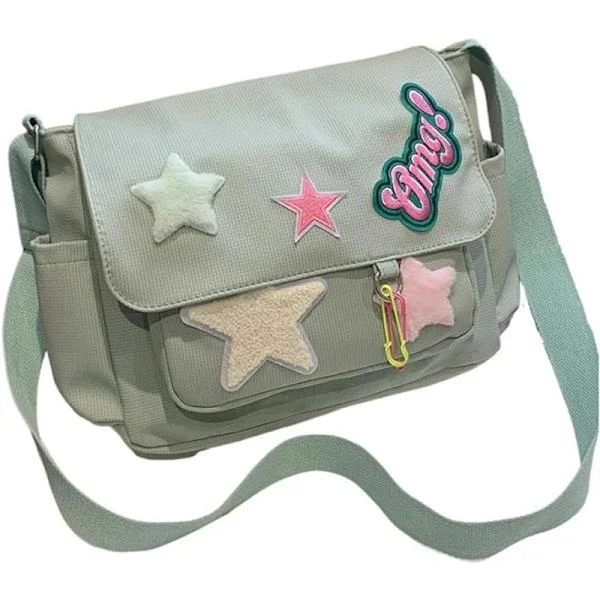 Søt Messenger Bag, Estetisk Skulderveske i Canvas, Stjerne Skulderveske for Kvinner Jenter Skulderveske, Grønn