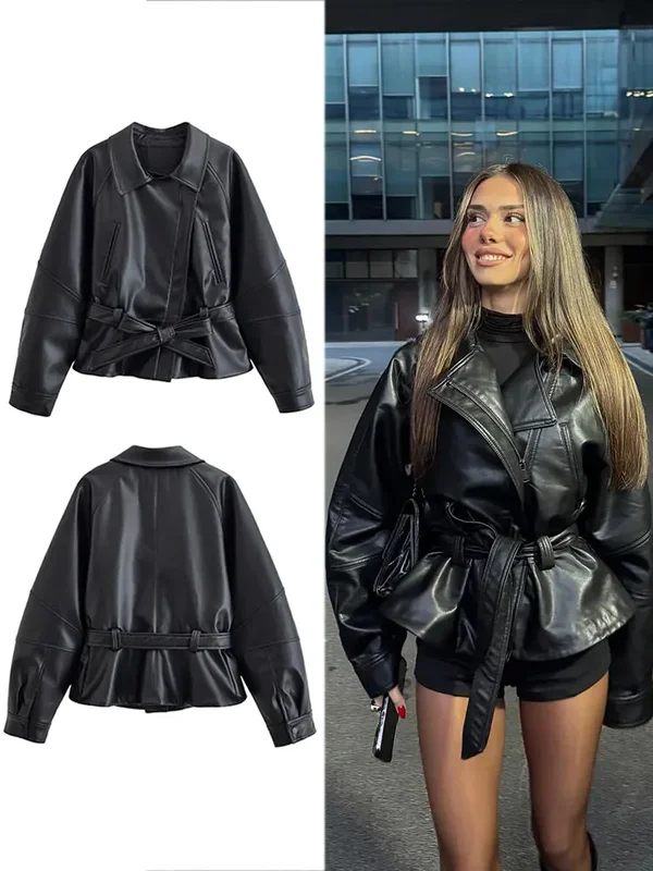 AliExpress - HH femmes mode noir court Faux cuir Trench manteau à manches longues revers veste avec ceinture Vintage dame moto veste vêtements 