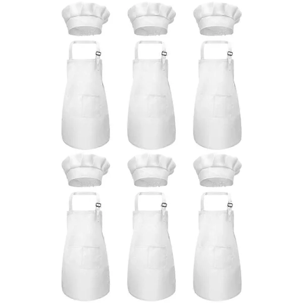 12-Piece Apron and Chef Hat Set, Adjustable Kids Apron with Pockets (White, Suitable for 2-6 Years Old)