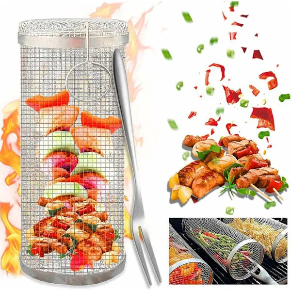 BBQ-grillikori, 30 cm korkeat BBQ-grillikorit, ruostumattomasta teräksestä valmistettu grillikori, pyörivä grillikori, sylinterimäinen grillikori, 
