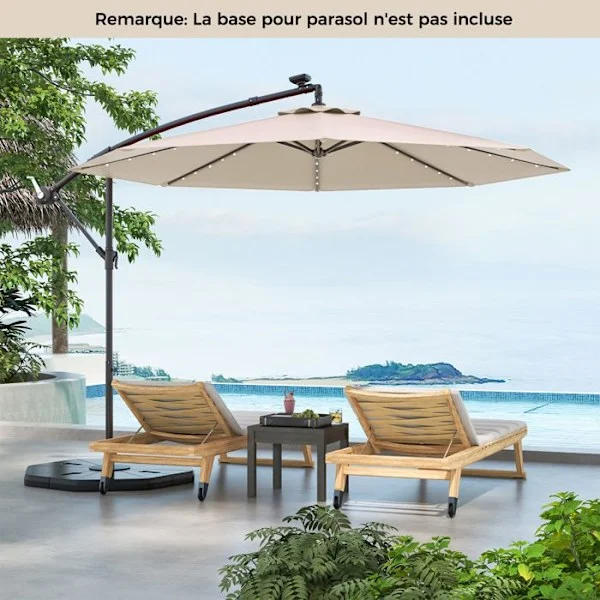 COSTWAY Parasoll Deporteret φ300 x 250 cm - 40 LED Krydsbase - Hældningsjustering 0 til 35 ° - Vinde - 360° Rotation - Beige
