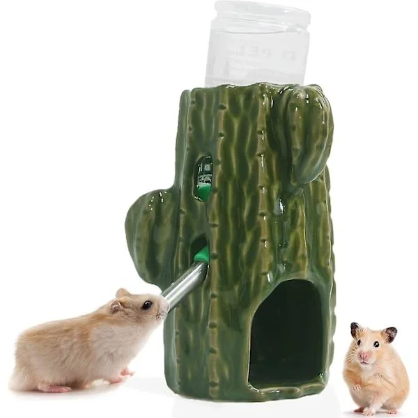 2-in-1 Adjustable Hamster Water Bottle, 80ml Gerbil Water Bottle with Stand, Drip-Proof Chew-Resistant Ceramic Water Bottle Holder (Dark Green)