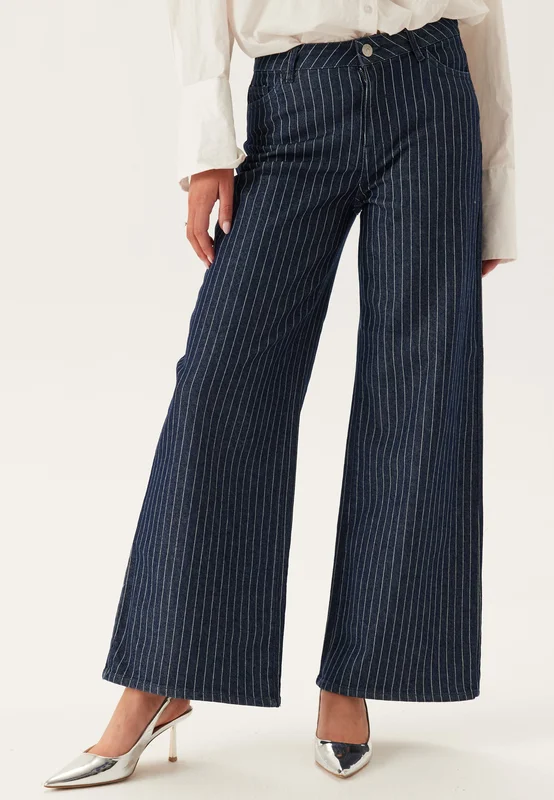 Pieces-Pcrose Mw Wide Denim Jeans-Dark Blue Denim Stripes:Pinstripes