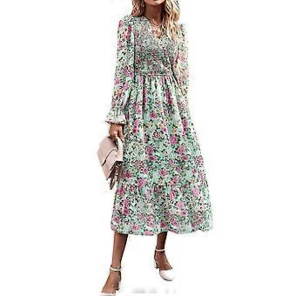 Dame Sommer Casual Midi Kjole Puf Lange Ærmer V-Hals A-Linje Kjole Boheme Blomsterprint Løs Swing Smock Kjole Grøn L