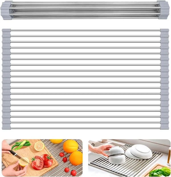 Foldable Dish Drying Rack, Over-the-Sink Kitchen Rack, Foldable Multifunctional Dish Rack, Non-Slip Silicone and 304 Stainless Steel Tube