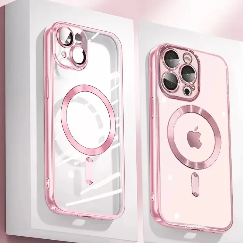 AliExpress - Clear Plating Ultradunne Siliconen Case Voor iPhone 16 15 14 13 12 11 Pro Max 16 Plus Magsafe Magnetische Lens film Bescherm Cover Roze