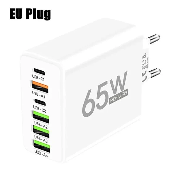 USB C Laddare 6 Portar Snabbladdande Väggladdare kompatibel med iPhone 15 14 Pro Max Samsung Galaxy S23 Xiaomi 14 Mobiltelefonladdare
