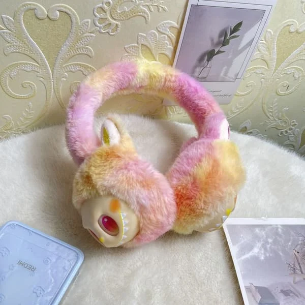 Monsters Mjuk plyschig fluffig öronlapp för barn Barnens vintervarma plyschiga öronmuffar med söta kattöron Tie-dye pälsmössa