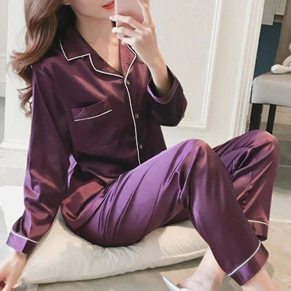 Dam Satin Silk Look Pyjamas Långärmad Nattklädesset_a Lila M