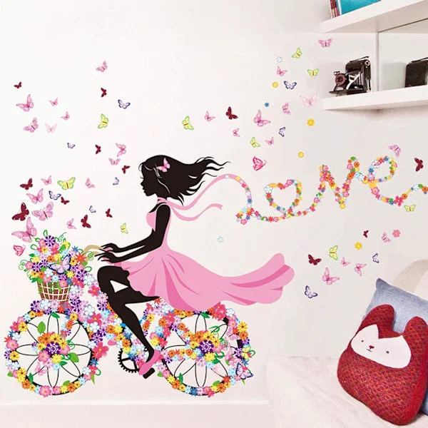 Flower Girl Cycling with Butterfly - Floral Wall Decals for Girls Room, Romantic Beautiful Flowers Butterflies Girl Wallpaper Mural, DIY Wall