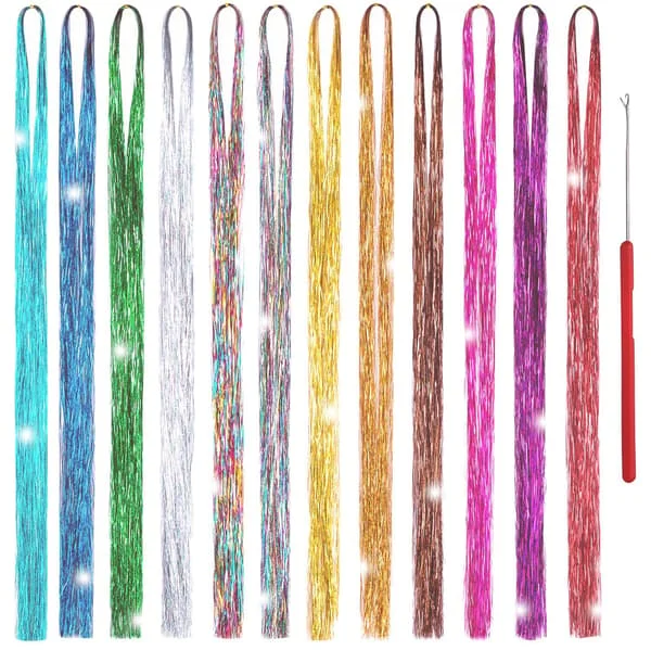 12 Colors Hair Tinsel, 90 cm Hair Extensions, Hair Extension Kit, Shiny Glitter Hair Styles, Glitter Hair Extensions