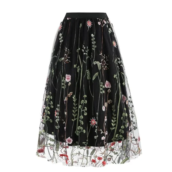 Blomsterbroderet nederdel til kvinder, elastisk talje, elegant blondekantet tylnederdel til fester, sort M
