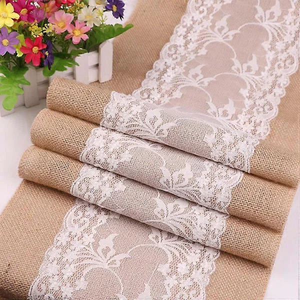 Set med 4 Vintage Country Bordslöpare Vit Säckväv Duk Säckvävsspets Bordslöpare Jul Vinter Hemdekorationer