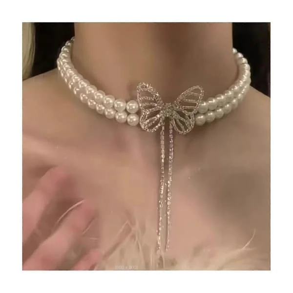 Faux Perle Choker Halskæde Kvinder Elegant Hvid Faux Perle Halskæde Mousserende Rhinestone Choker til