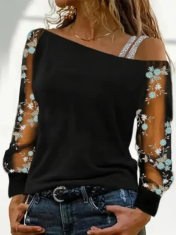 AliExpress - Sexy Off Shoulder Sloping Collar Long Sleeved Lace Printed Women's Top Daily Versatile Dating Parties Autumn Tops