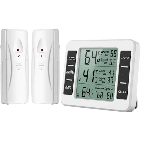 (New Version) AMIR Refrigerator Thermometer, Wireless Indoor and Outdoor Thermometer, Temperature Sensor with Audible Alarm Temperature Gauge for 