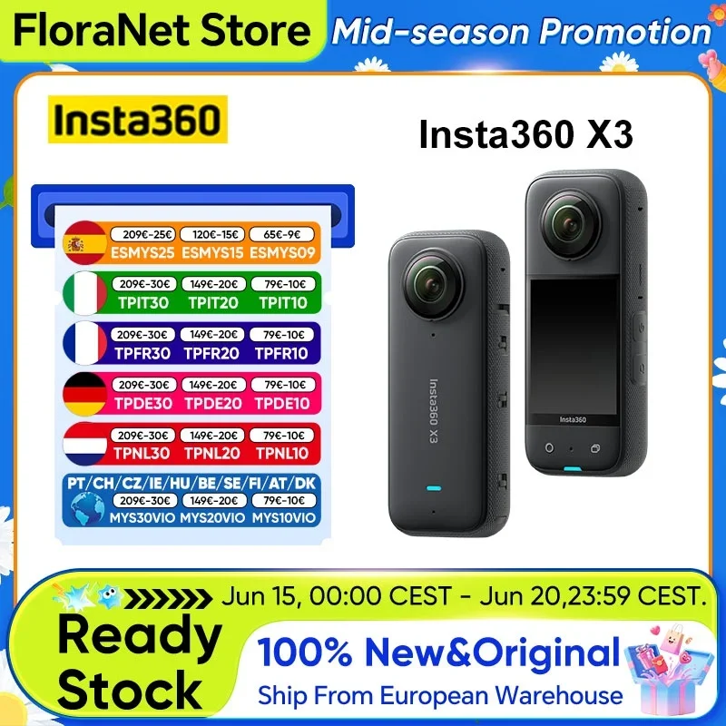 AliExpress - Insta360 X3 Wasserdichte 360-Grad-Actionkamera mit 1/2-Zoll-48-MP-Sensoren, 5,7K 360 Active HDR-Video, 72-MP-Foto, 4K-Einzellinsen-