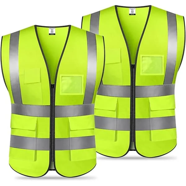 Säkerhetsväst, (2-pack) Reflexväst med 5 fickor och dragkedja fram, Hög synlighet Arbetsväst för löpning, cykling, motorcykel, promenader och arbete, 