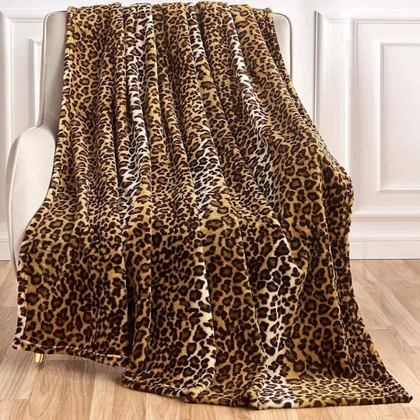 Leopardmønstret fleecepledd for seng, sofa, reise og camping, supermykt og behagelig fluffy pledd (127 x 152 cm)